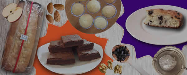 Ele Congelados Tienda Sección Dulce. En la foto: brownies caseros de chocolate, budín de vainilla y manzana, mantecados, bizcochuelo de vainilla con chips de chocolate